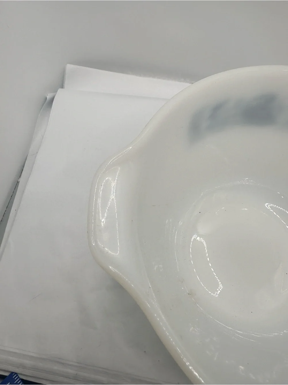 Vintage Currier & Ives White Milk Glass Mixing Bowl with Blue Train Motif